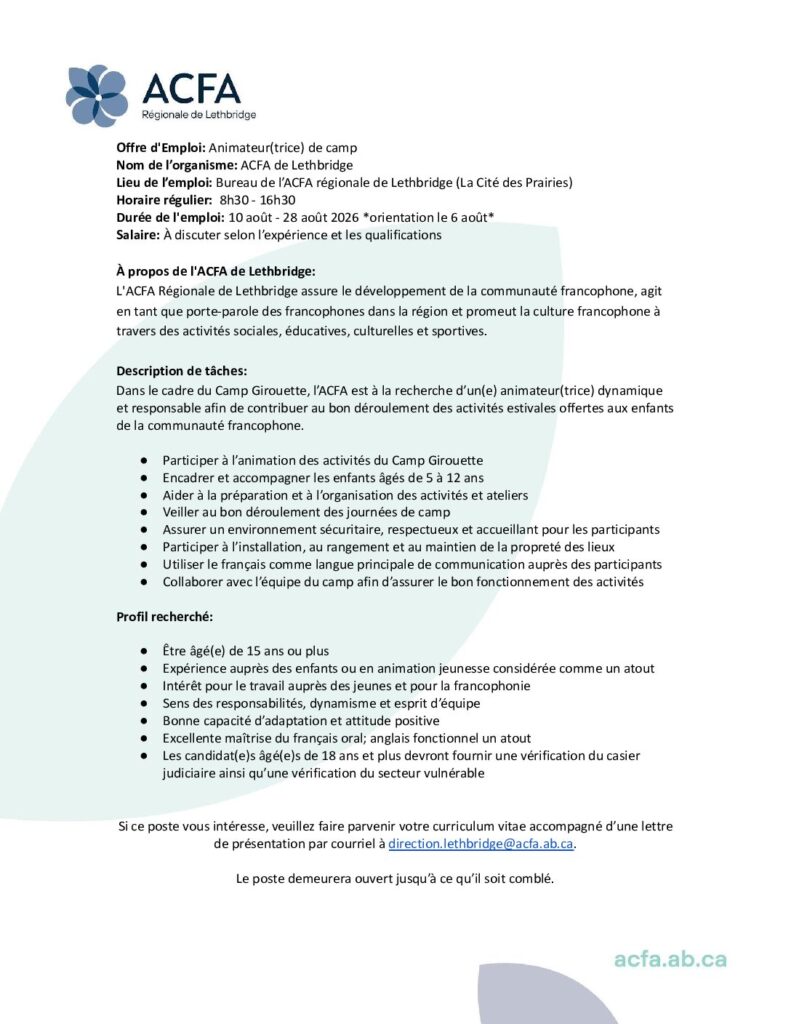 Animateur(trice) de camp - AOÛT 2026