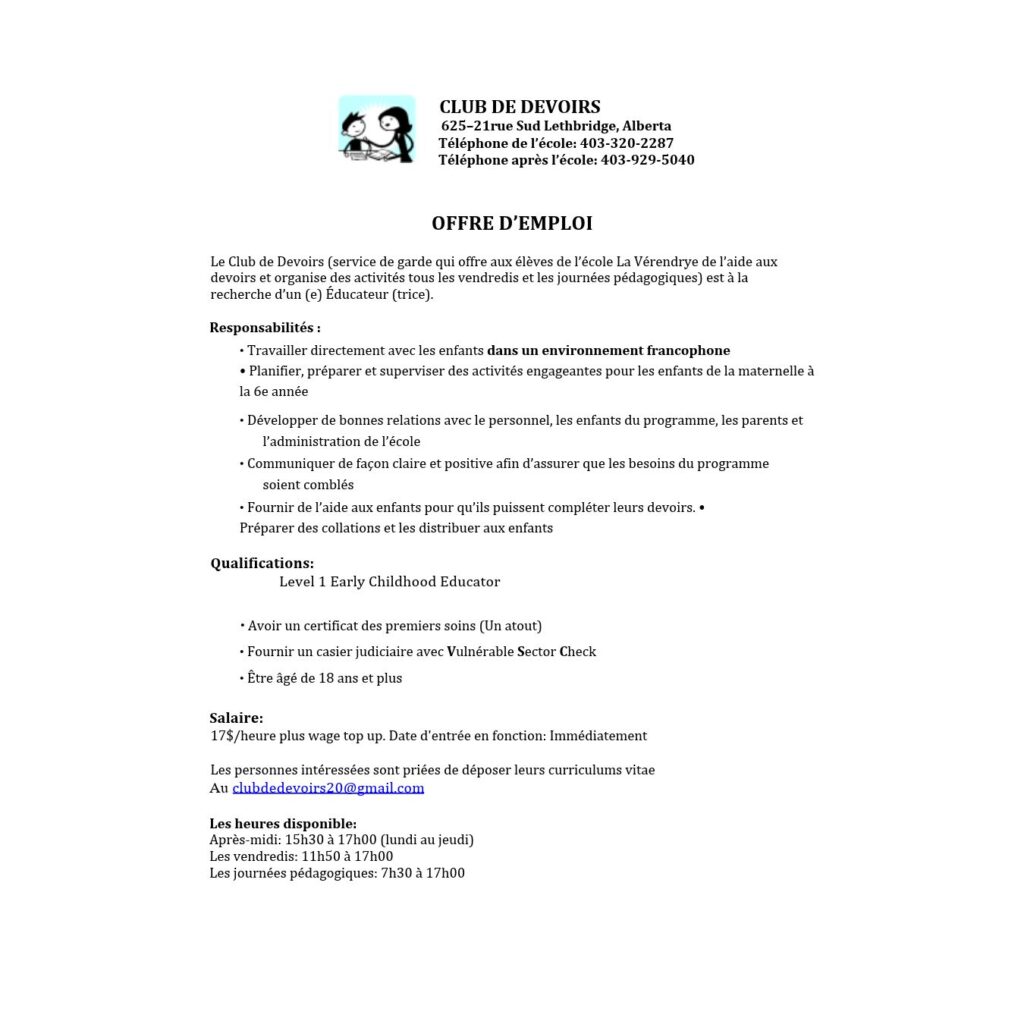 OFFRE D’EMPLOI- CLUB DE DEVOIR - éducateur(trice)